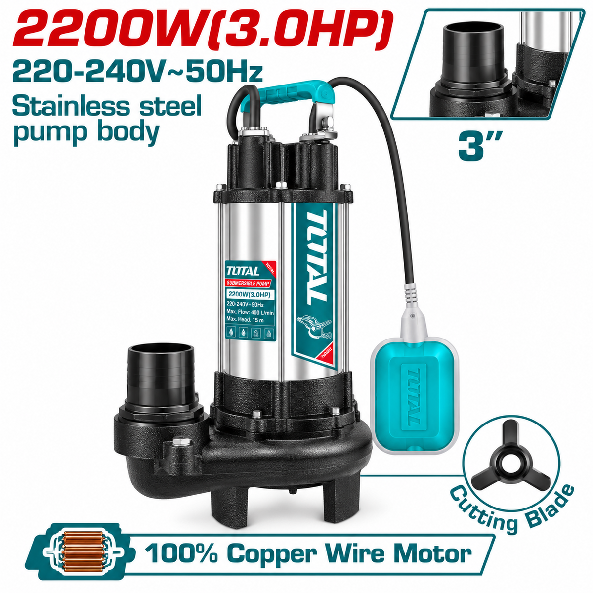 Pompe submersible TOTAL TWP7220026 2200 W / 3 CV pour eaux chargées, débit max. 633 L/min, HMT 13 m, sortie 3″ et lame de coupe.