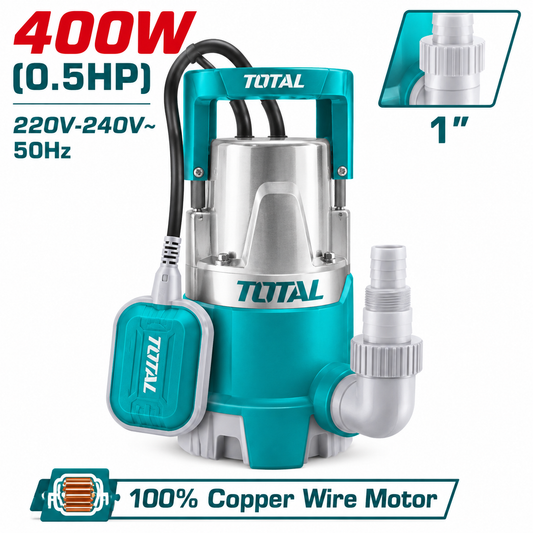 Pompe submersible TOTAL TWP64006 400 W pour eau propre, débit max. 117 L/min, HMT 8 m, câble 9 m et flotteur automatique.