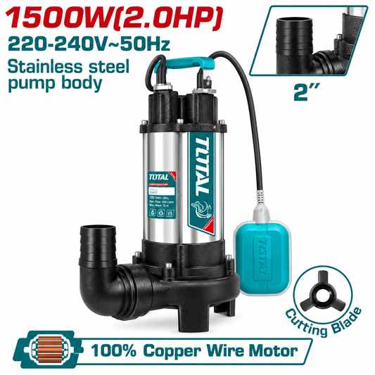 Pompe submersible TOTAL TWP7150026 1500 W / 2 CV pour eaux chargées, débit max. 350 L/min, HMT 14,5 m et sortie 2″.