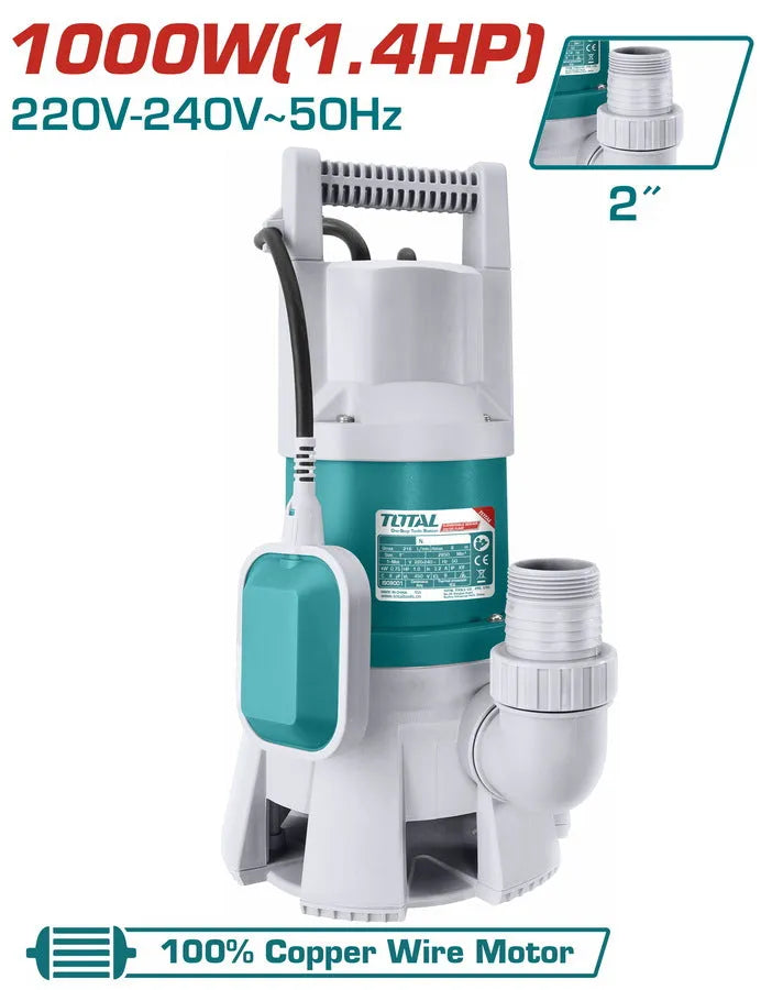 Pompe vide-cave TOTAL TWP810001 1000W – eau chargée, 216,7L/min, hauteur 9m, immersion 7m, tuyau 2", câble 10m, chantier agricole industriel

