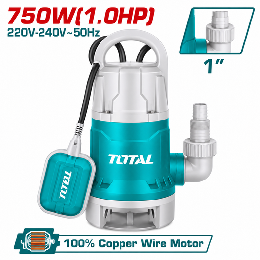 Pompe submersible TOTAL TWP87506 750 W pour eaux chargées, débit max. 217 L/min, HMT 8 m, profondeur 7 m et flotteur automatique.