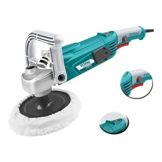 Ponceuse polisseuse TOTAL 1400W – Ø180mm, 1500-4500tr/min, variateur de vitesse, bonnet et tampon inclus, carrosserie polyester bateaux
