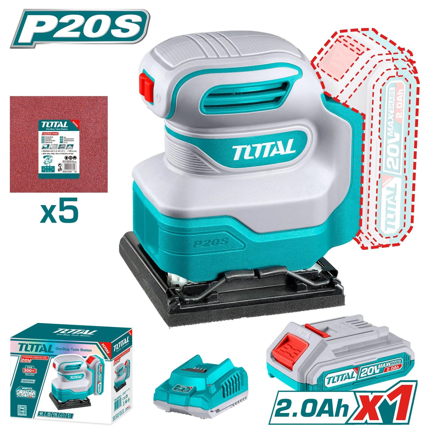 Ponceuse Vibrante Sans Fil TOTAL TSHSLI20141 20V 12000tr/min Semelle 110x100mm Kit Batterie 2Ah — SQES Tunisie
