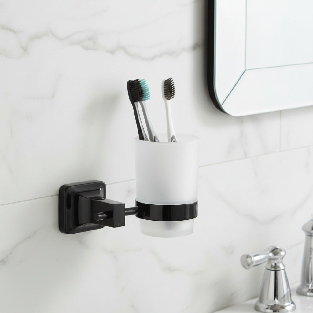 Porte brosses à dents noir mat avec gobelet verre dépoli