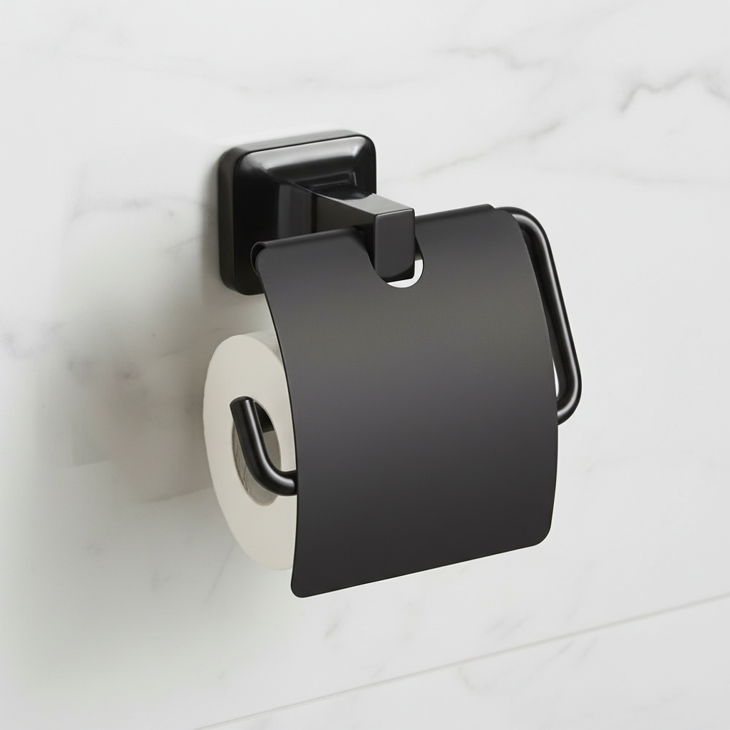 Porte papier toilette noir mat avec couvercle de protection