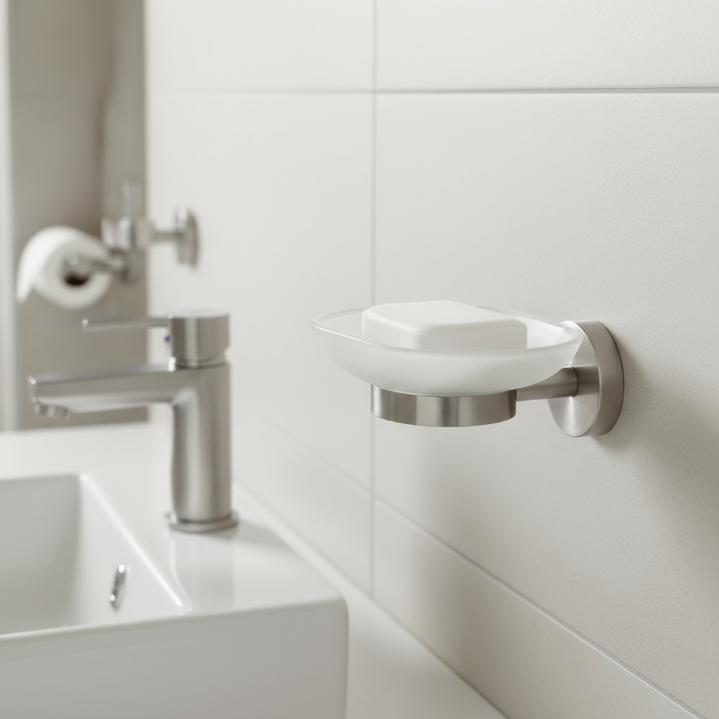 Porte savon inox avec savon dans coupelle céramique