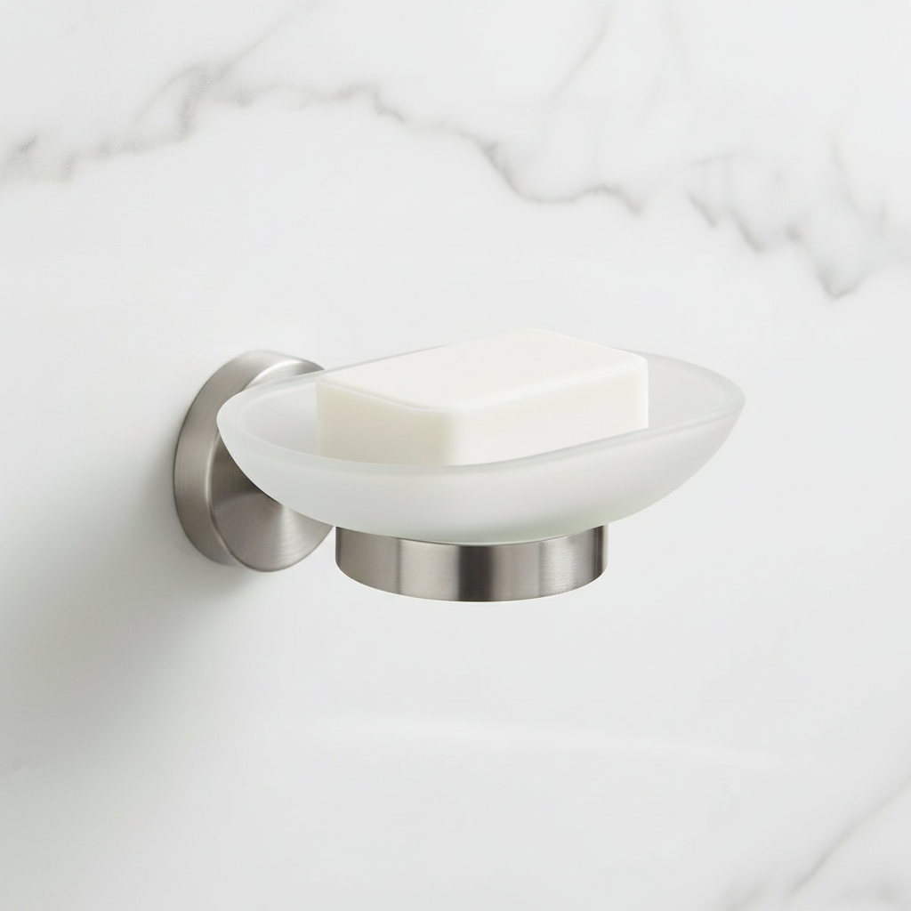 Porte savon inox brossé avec coupelle céramique blanche
