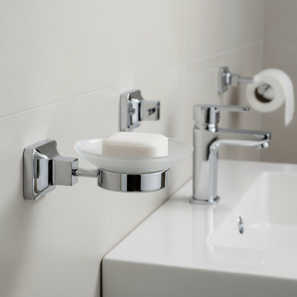 Porte savon UNO chrome avec savon dans coupelle ronde