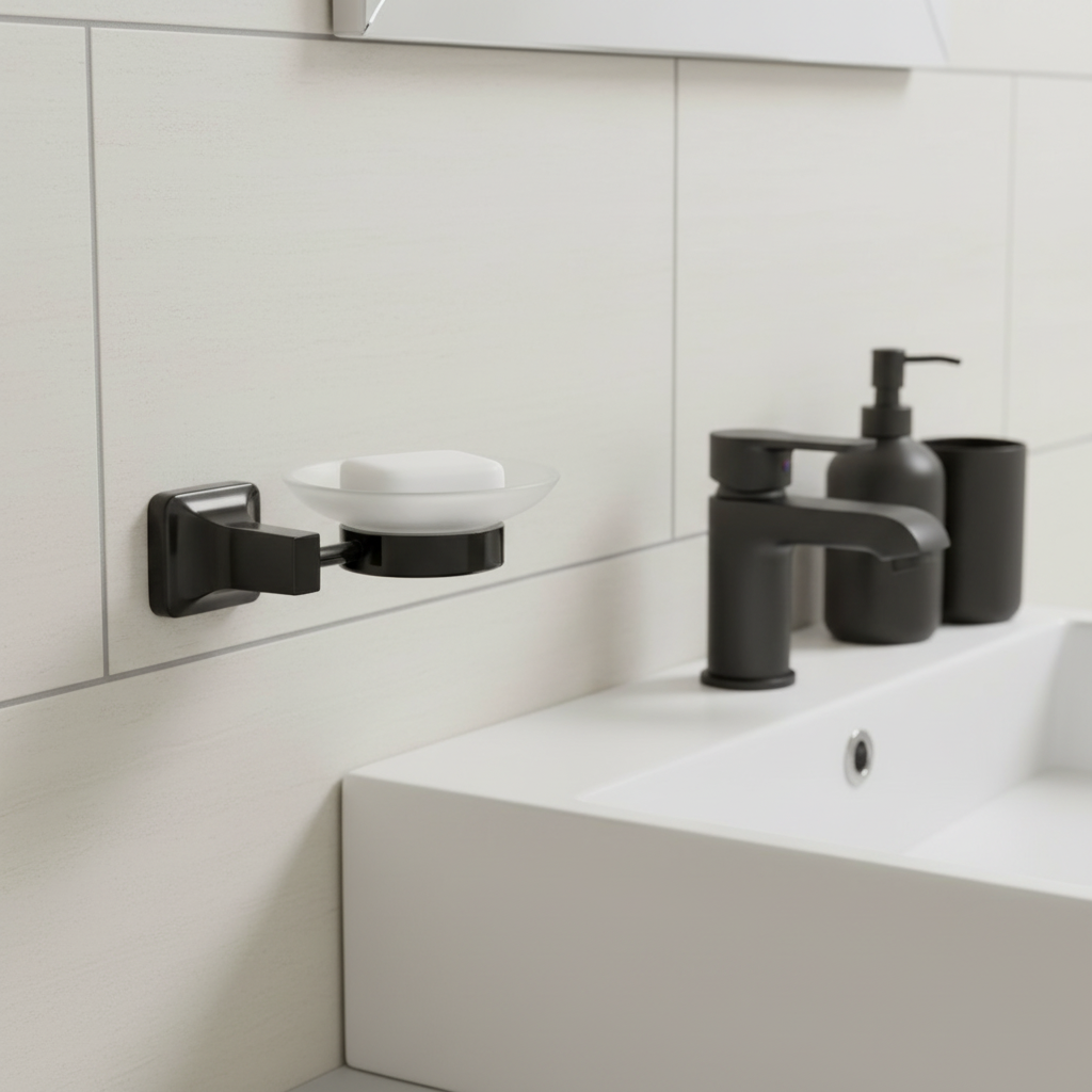 Porte savon UNO noir avec savon dans coupelle ronde