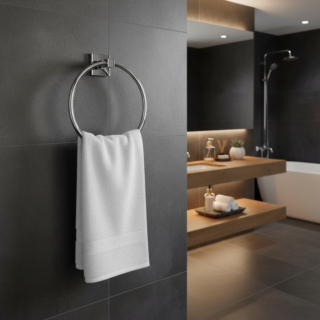 Porte-serviette chrome sur mur gris élégant