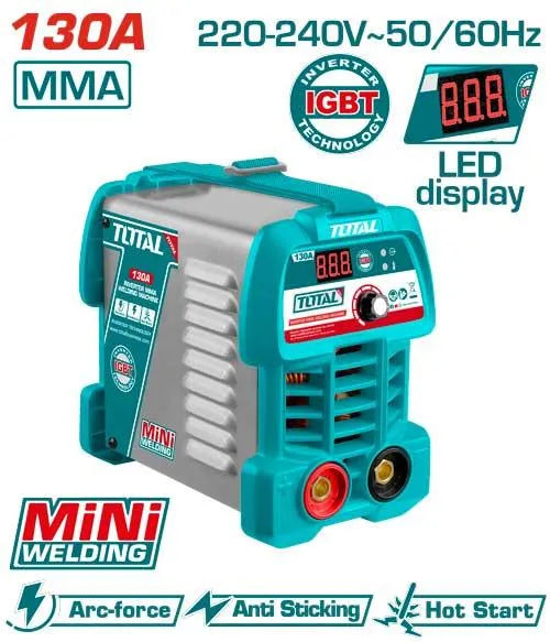 Poste à souder TOTAL TW213049 IGBT 130A – 15-130A, électrodes 1,6-3,2mm, 73V, anti-adhérent, démarrage chaud, arc-force, 5 accessoires inclus
