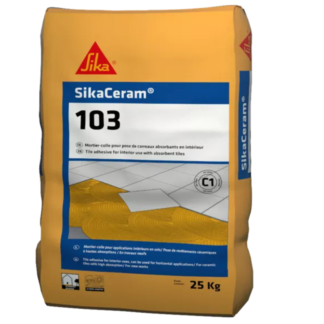 SikaCeram®-103 TN est un mortier colle, facile à employer avec simple addition d’eau, à base de ciment, de charges et d’adjuvants spéciaux pour pose de carreaux céramiques en couche mince et continue.