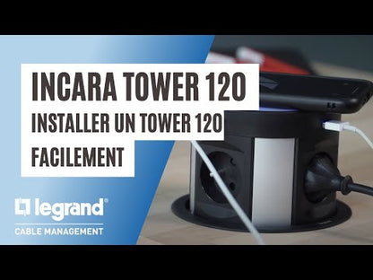 Incara Tower 120 Ø121mm à encastrer dans mobilier avec 4 prises 2P+T , 4 chargeurs USB et cordon