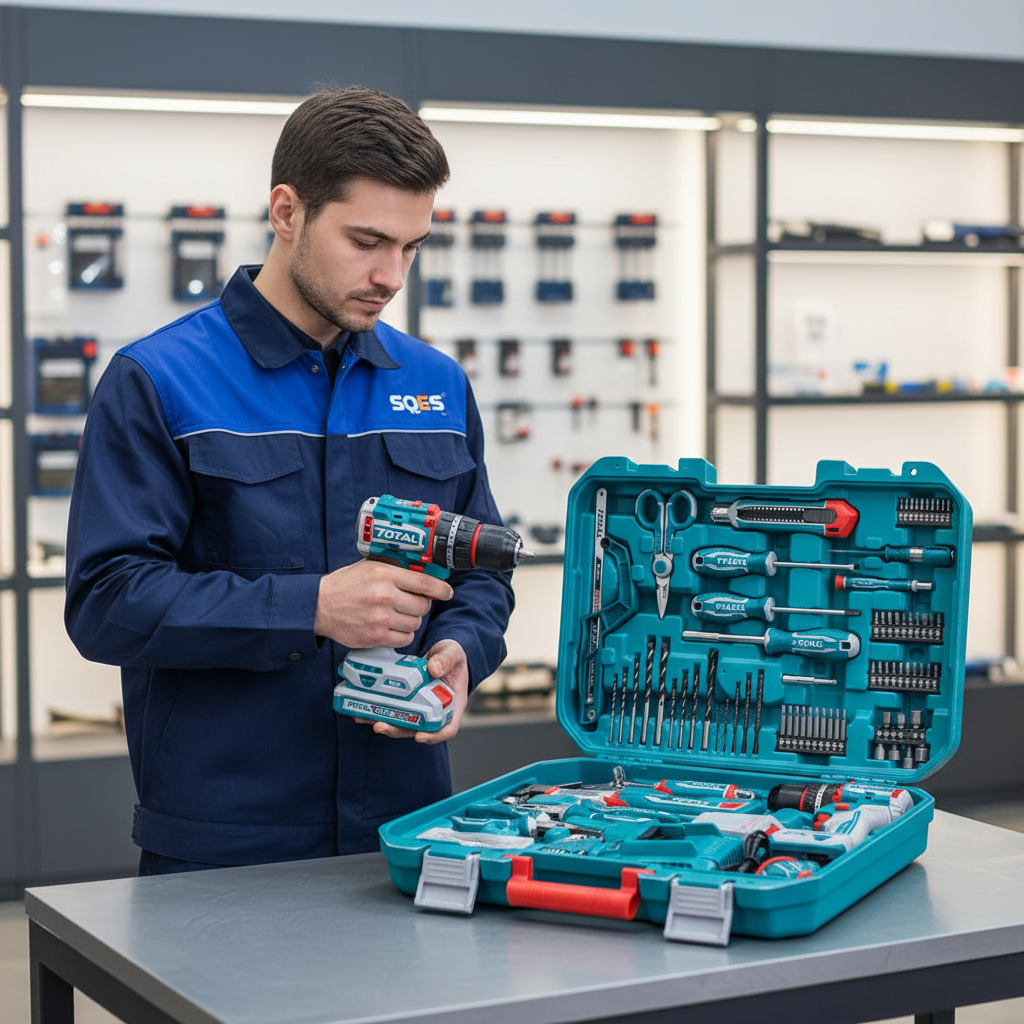 Professionnel SQES présentant la visseuse TOTAL dans le showroom