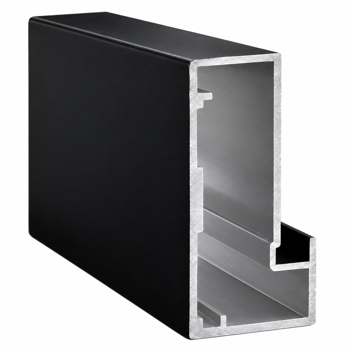 Profilé aluminium noir pour vitrage 5 mm, disponible en longueurs 3 m et 3,5 m. Section env. 44,6 × 22,3 mm.