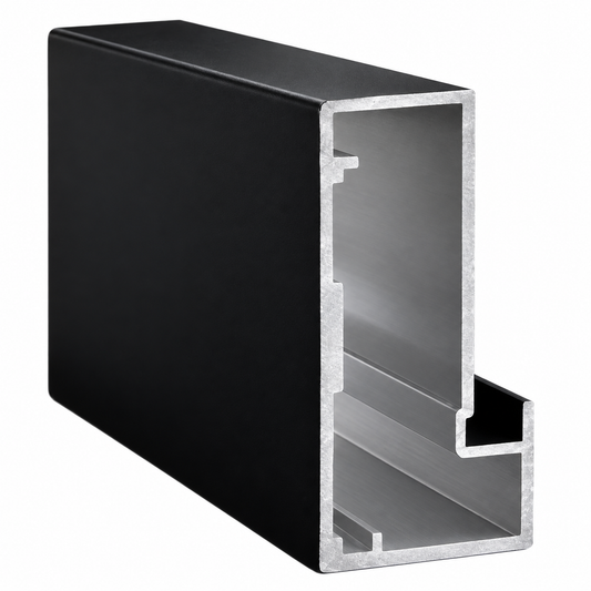 Profilé aluminium noir pour vitrage 5 mm, disponible en longueurs 3 m et 3,5 m. Section env. 44,6 × 22,3 mm.