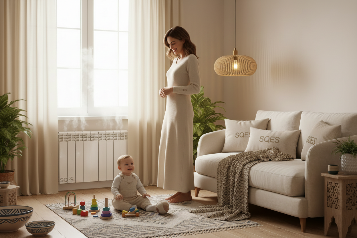 Radiateur SIM – Dame SQES et bébé sur tapis SQES
