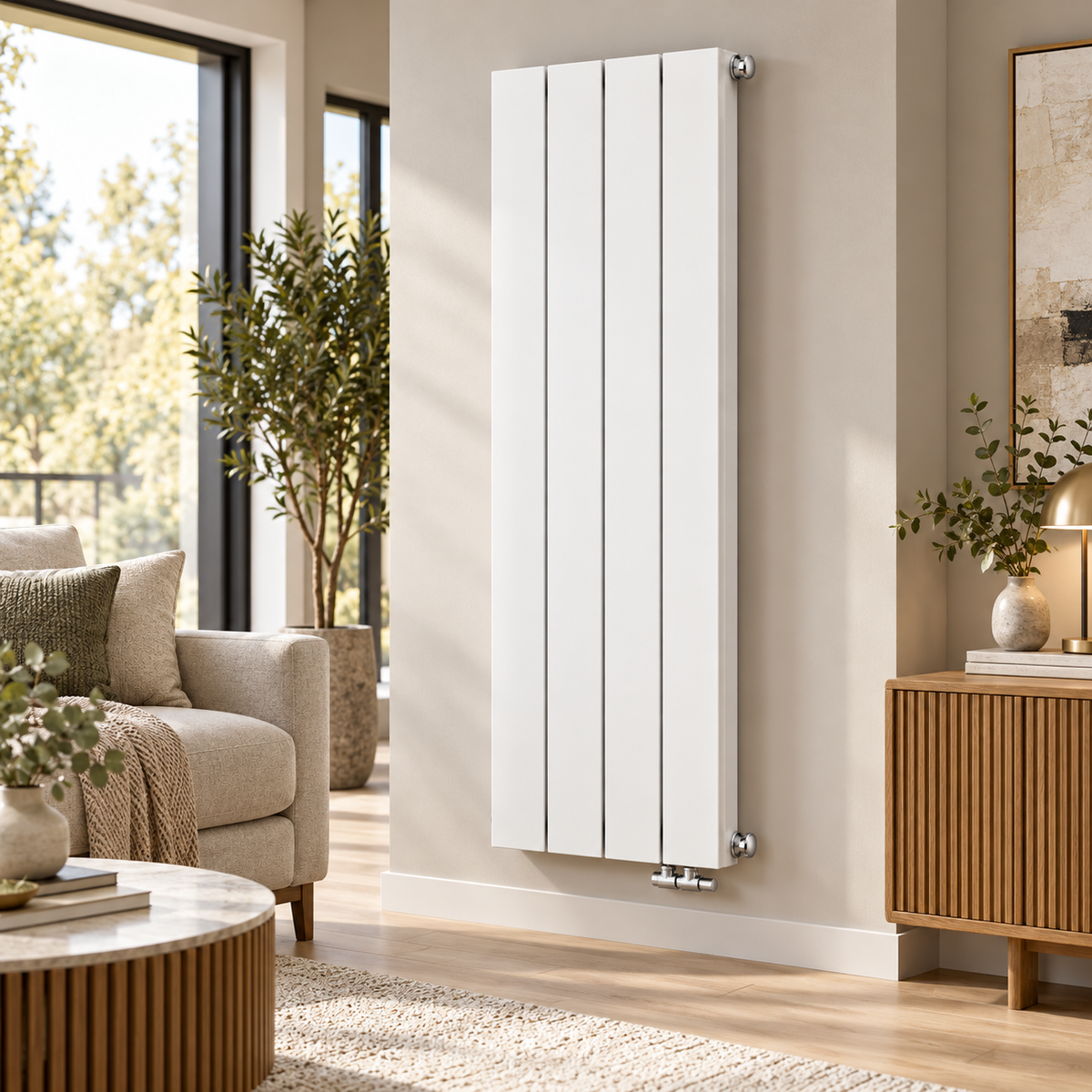 Radiateur vertical DRAMA aluminium 180 cm, disponible de 4 à 7 éléments en blanc , avec puissance jusqu’à 1525 W à ΔT50.