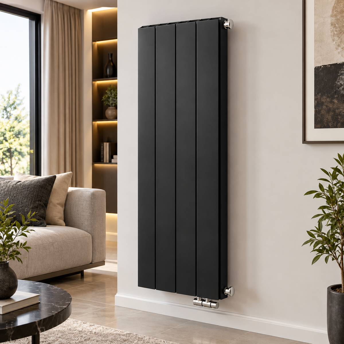Radiateur vertical DRAMA aluminium 180 cm, disponible de 4 à 7 éléments en noir, avec puissance jusqu’à 1525 W à ΔT50.
