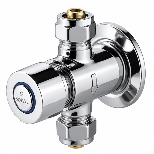SOPAL Robinet de Douche Temporisé Série PILAU Réf. 06E9A04 — Cartouche Anticalcaire Économie d'Eau 85%, Temporisation 15s, Endurance 210 000 Cycles, Collectivités, Laiton Chrome NF EN ISO 1456, Garantie 5 Ans, Made in Tunisia | SQES Tunisie
