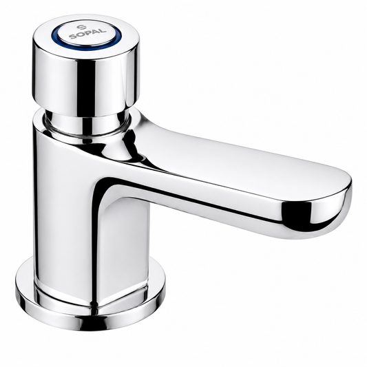 SOPAL Robinet de Lavabo Temporisé Série PILAU Réf. 06E7A04 — Cartouche Anticalcaire Économie d'Eau 85%, Temporisation 8s, Endurance 210 000 Cycles, Installation Sur Plage, Raccordement G1/2", Collectivités, Chrome NF EN ISO 1456 | SQES Tunisie
