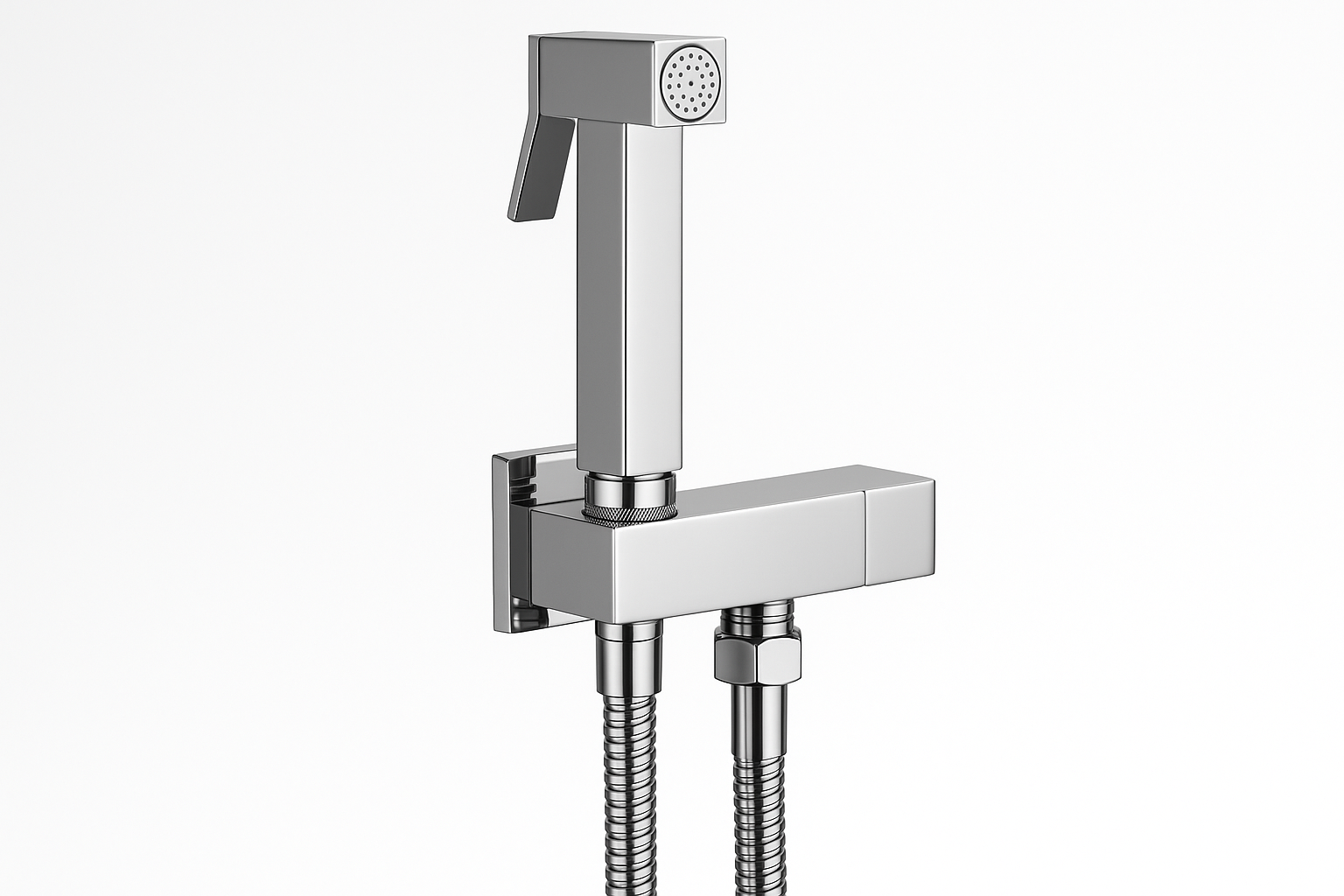 Robinet toilette + shattaf carré chrome FRAMO réf 8501C – design géométrique lignes épurées, cartouche céramique, fabrication italienne premium
