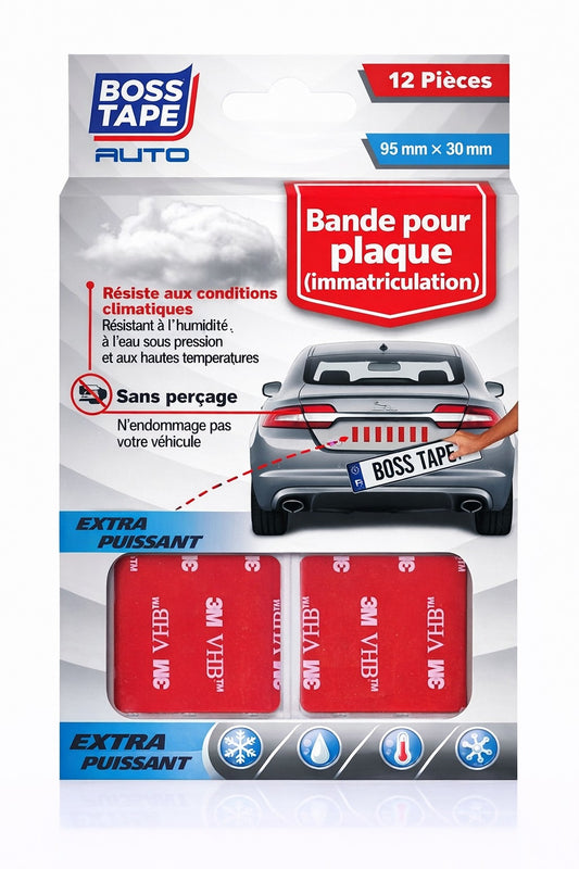 Ruban adhésif BOSS TAPE pour fixer plaques d'immatriculation (12 pcs), 95mm x 30mm, pratique et durable. Fixation facile et solide pour votre voiture.