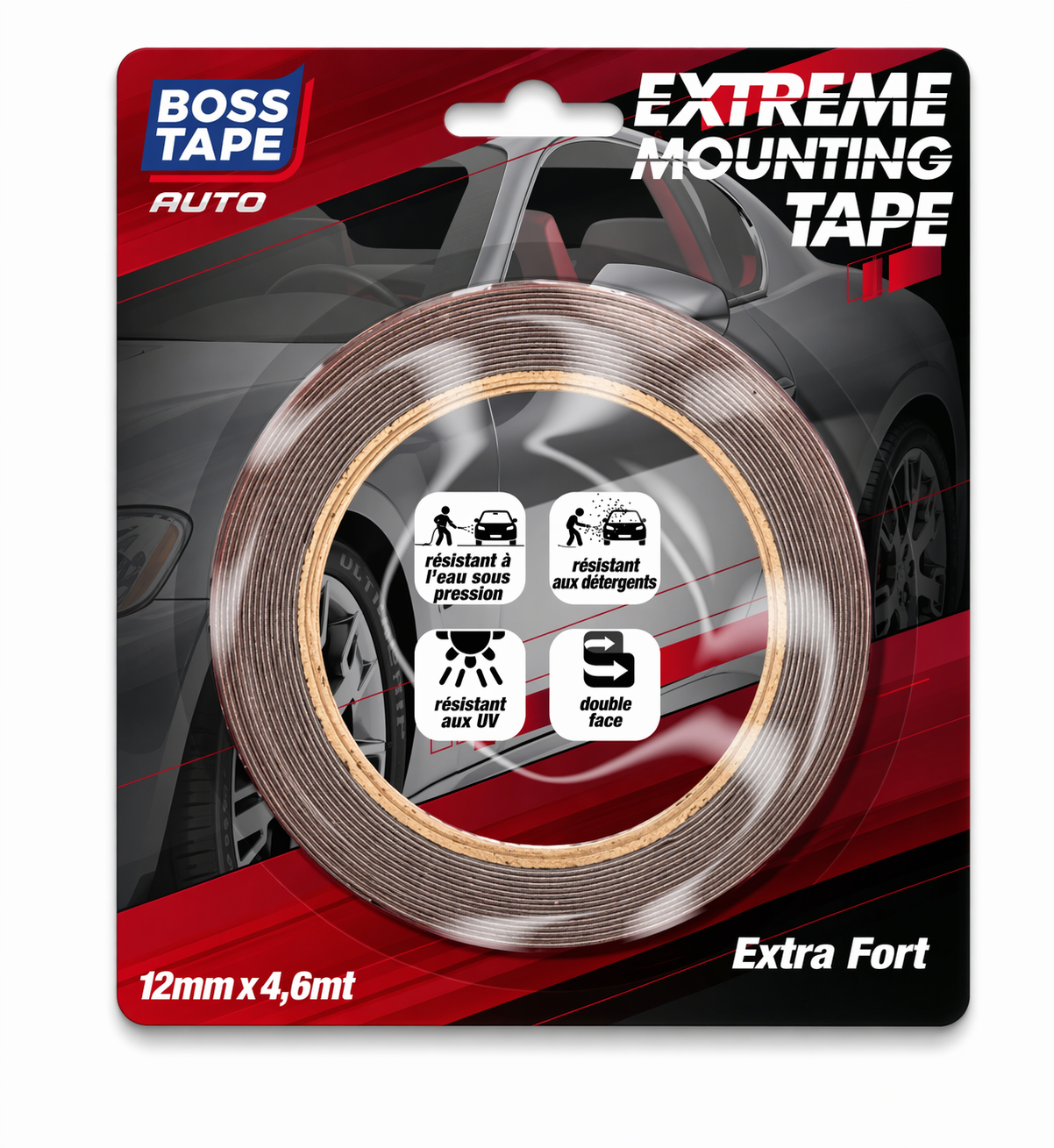Ruban adhésif BOSS TAPE 12mmx4,6m : conçu pour résister aux conditions extrêmes et aux accessoires de véhicule. Performance et fiabilité garanties.