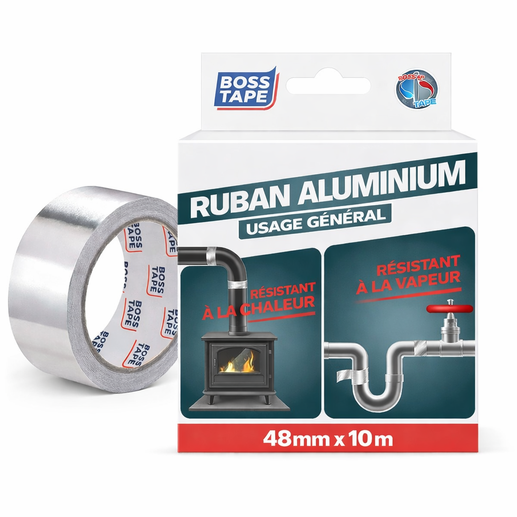 Ruban aluminium Boss Tape 44mm x 10m – scellant imperméable, résistant chaleur, tuyauterie climatisation et toiture
