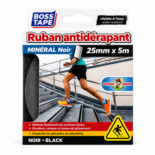 Ruban antidérapant Boss Tape noir 25mm x 5m – adhésif extrafort pour escaliers, rampes et sols mouillés