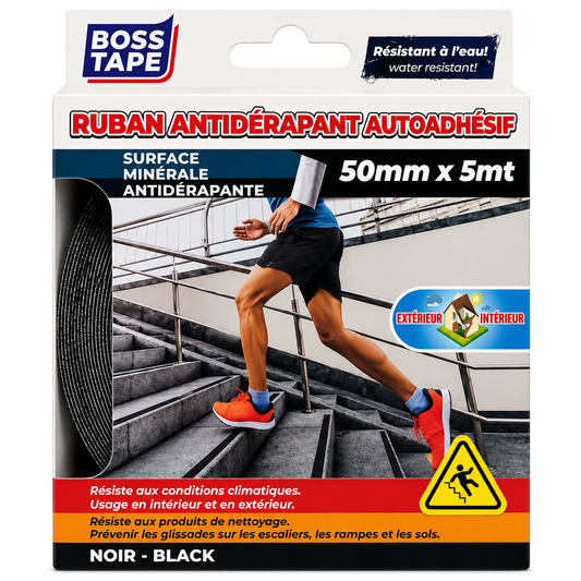 Ruban antidérapant Boss Tape noir 50mm x 5m – adhésif extrafort pour escaliers, rampes et sols mouillés
