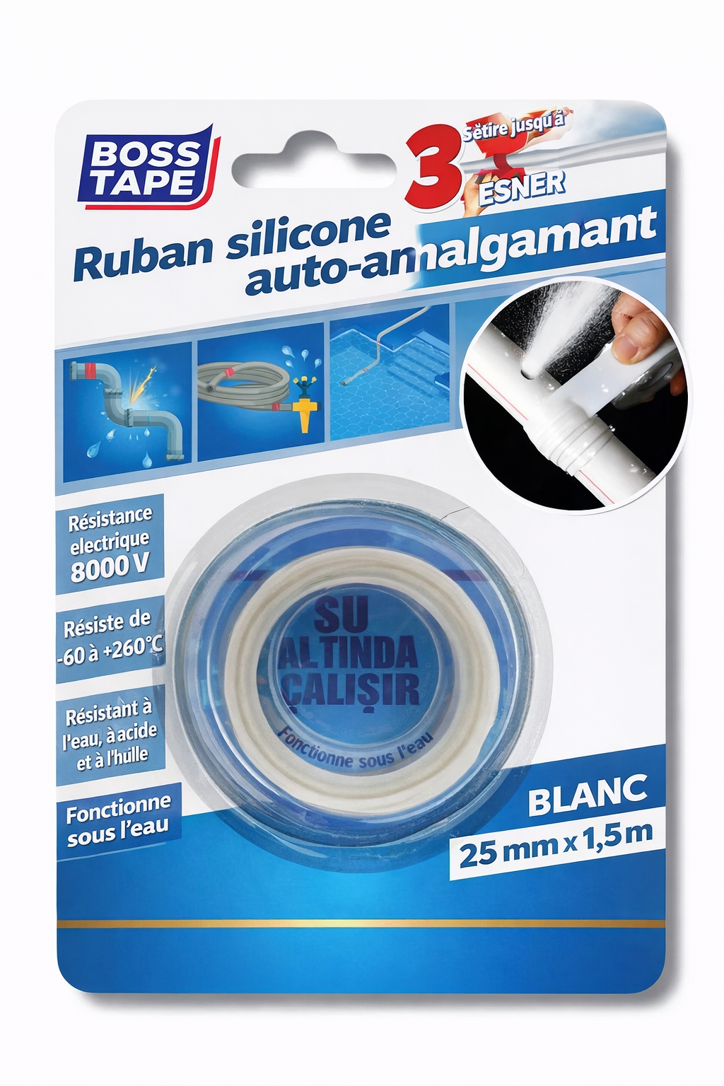 Ruban auto amalgamant Boss Tape 25mm x 1,5m – étanchéité tuyaux et câbles, isolation électrique, plomberie et réparations urgence
