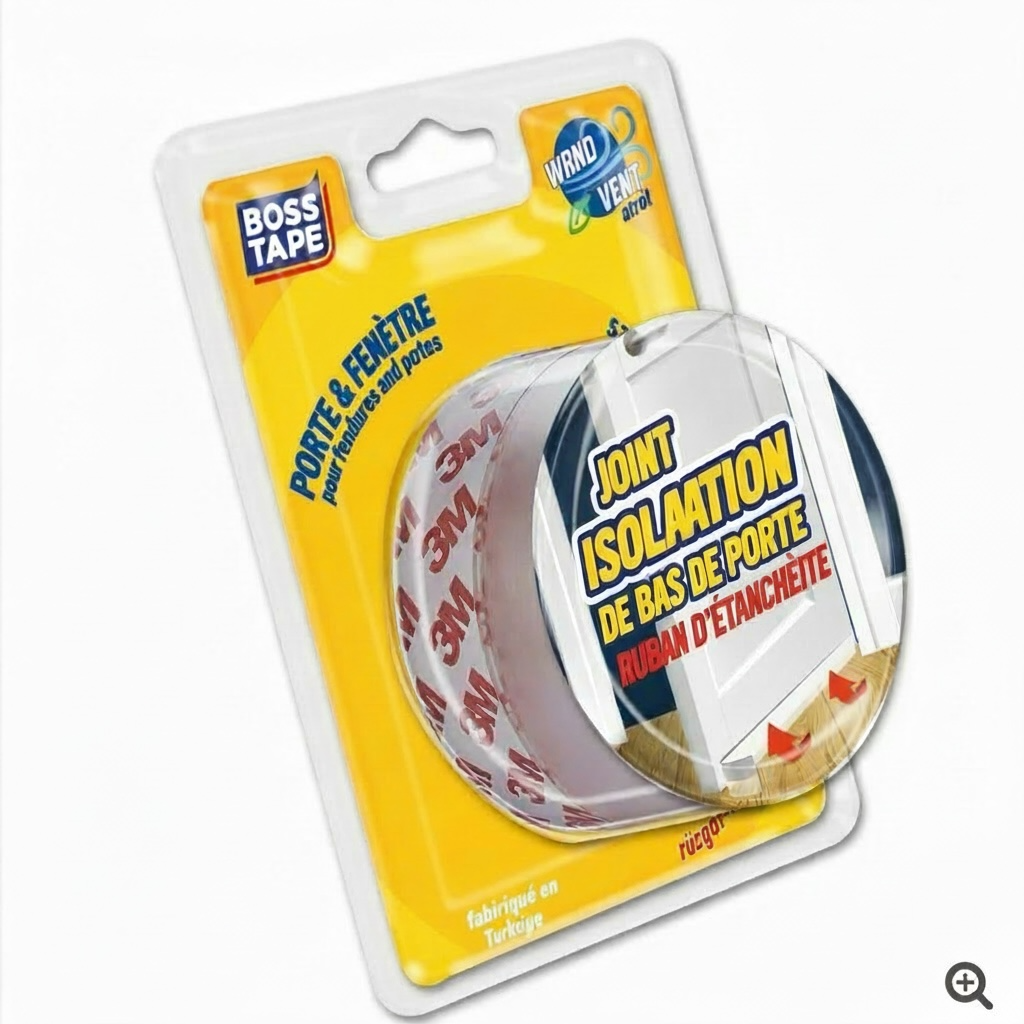 Ruban calfeutrage BOSS TAPE silicone transparent, disponible en 53mm x 2,5m et 6m. Joint étanche portes et fenêtres, stop courants d'air. SQES Ariana Tunisie.