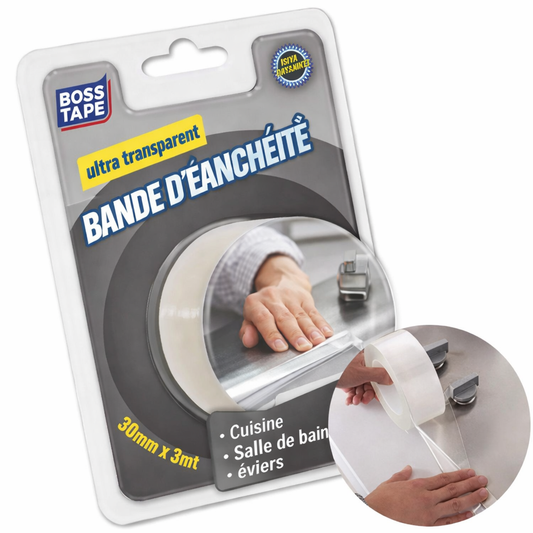 Ruban calfeutrage transparent Boss Tape 3cm x 3m – étanchéité évier, baignoire, douche et plan de travail
