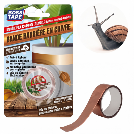 Ruban cuivre anti-limaces Boss Tape 18mm x 2m – barrière naturelle escargots et limaces, pots, jardinières, potagers et serres
