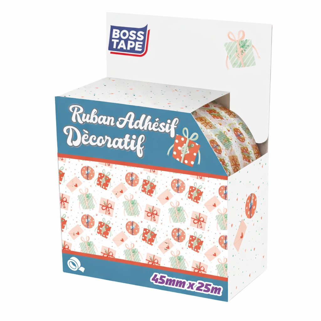 Ruban adhésif décoratif motif cadeaux Boss Tape 45mm x 25m – emballage festif, fêtes, artisanat et scrapbooking
