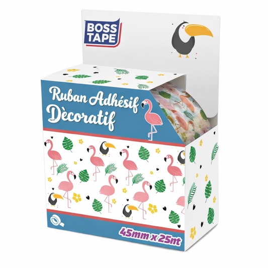 Ruban adhésif décoratif motif flamingo rose Boss Tape 45mm x 25m – emballage tropical, cadeaux, fêtes et scrapbooking
