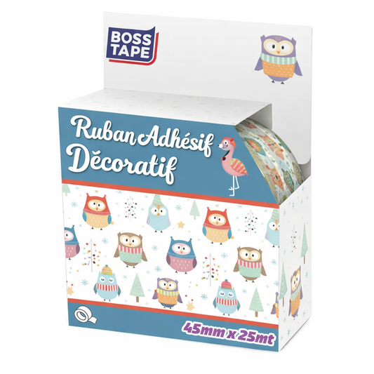 Ruban Décoratif BOSS TAPE Hibou 45mm x 25m - Emballage Créatif