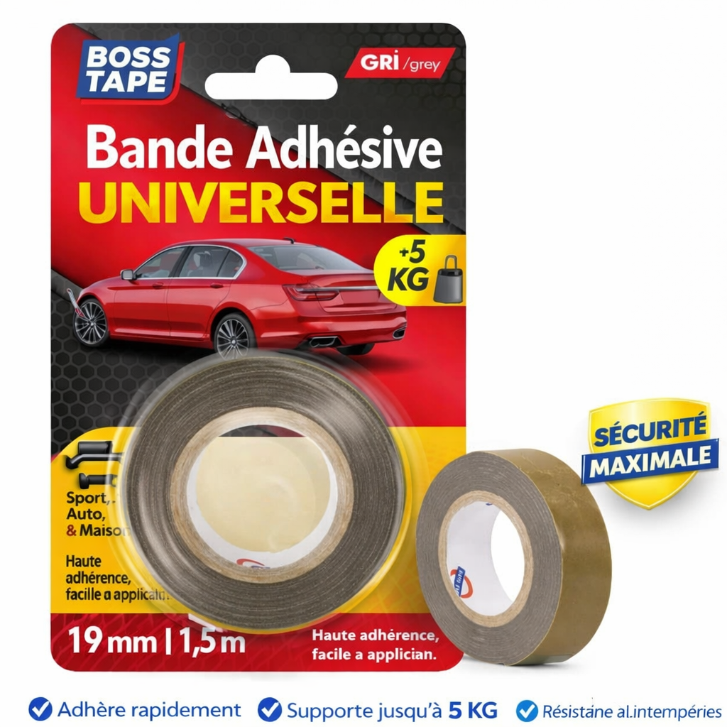 Ruban double face Boss Tape 19mm x 1,5m – fixation ultra-forte jusqu'à 10kg, accessoires véhicule intérieur et extérieur
