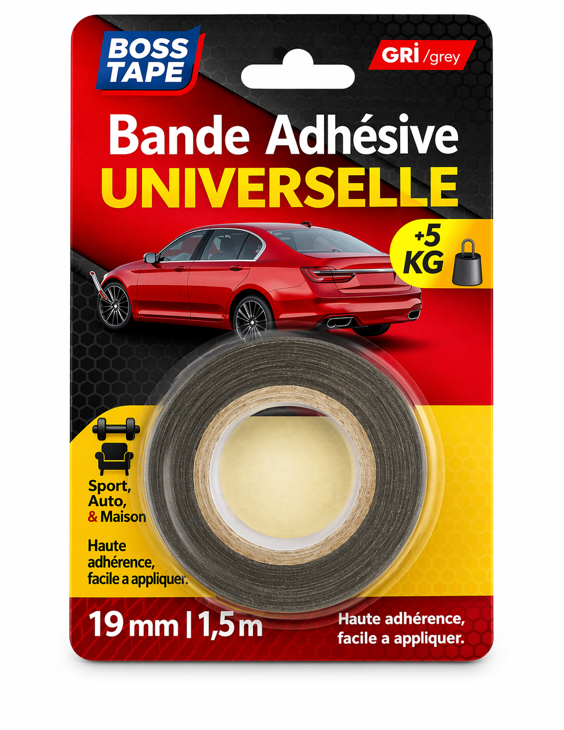 Ruban double face BOSS TAPE 19mmx1.5m pour accessoires véhicule. Adhésif ultra-fort, résistant. Livraison Tunisie. Fixez solidement !