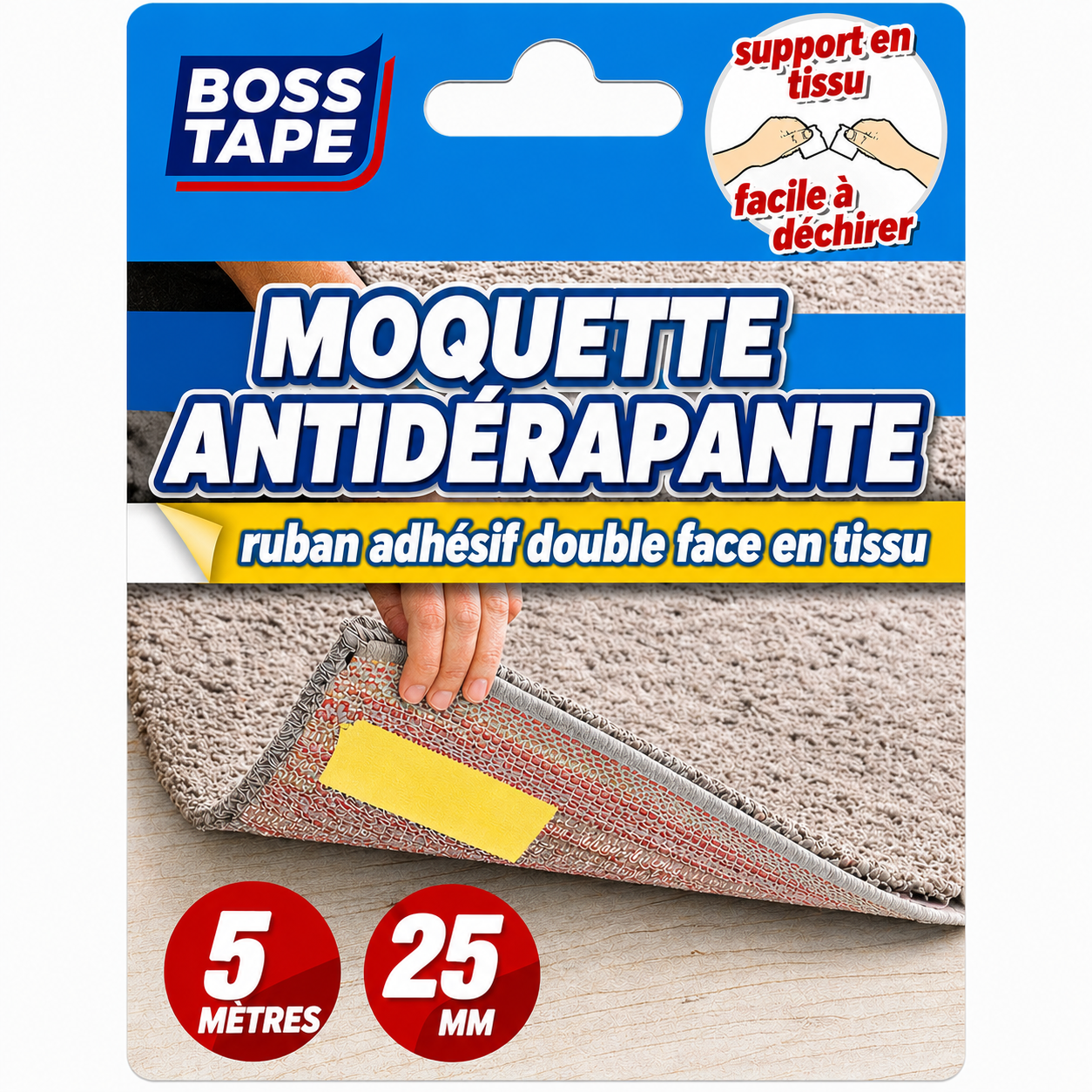 Ruban double face BOSS TAPE moquette 25mmx5m. Fixation revêtements sol. Adhésion forte. Livraison Tunisie. Fixez !