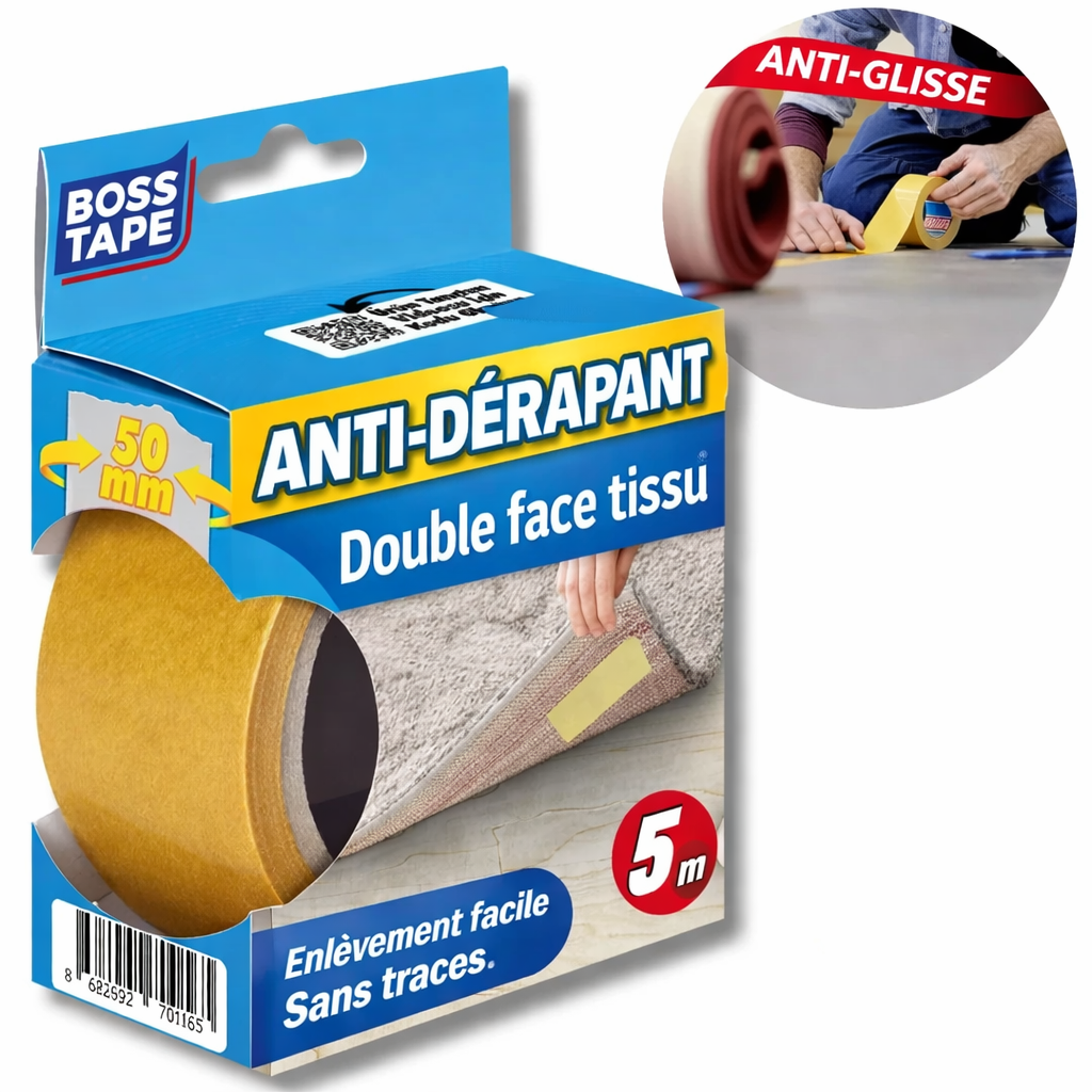 Ruban double face moquette Boss Tape 50mm x 5m – fixation invisible et durable, tapis, revêtements sol et bureaux
