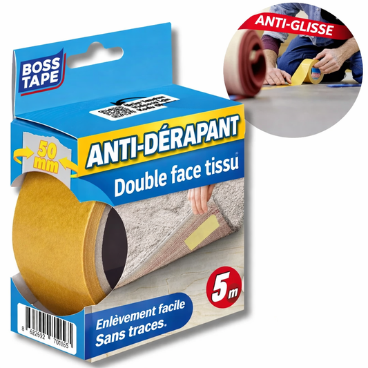 Ruban double face moquette Boss Tape 50mm x 5m – fixation invisible et durable, tapis, revêtements sol et bureaux
