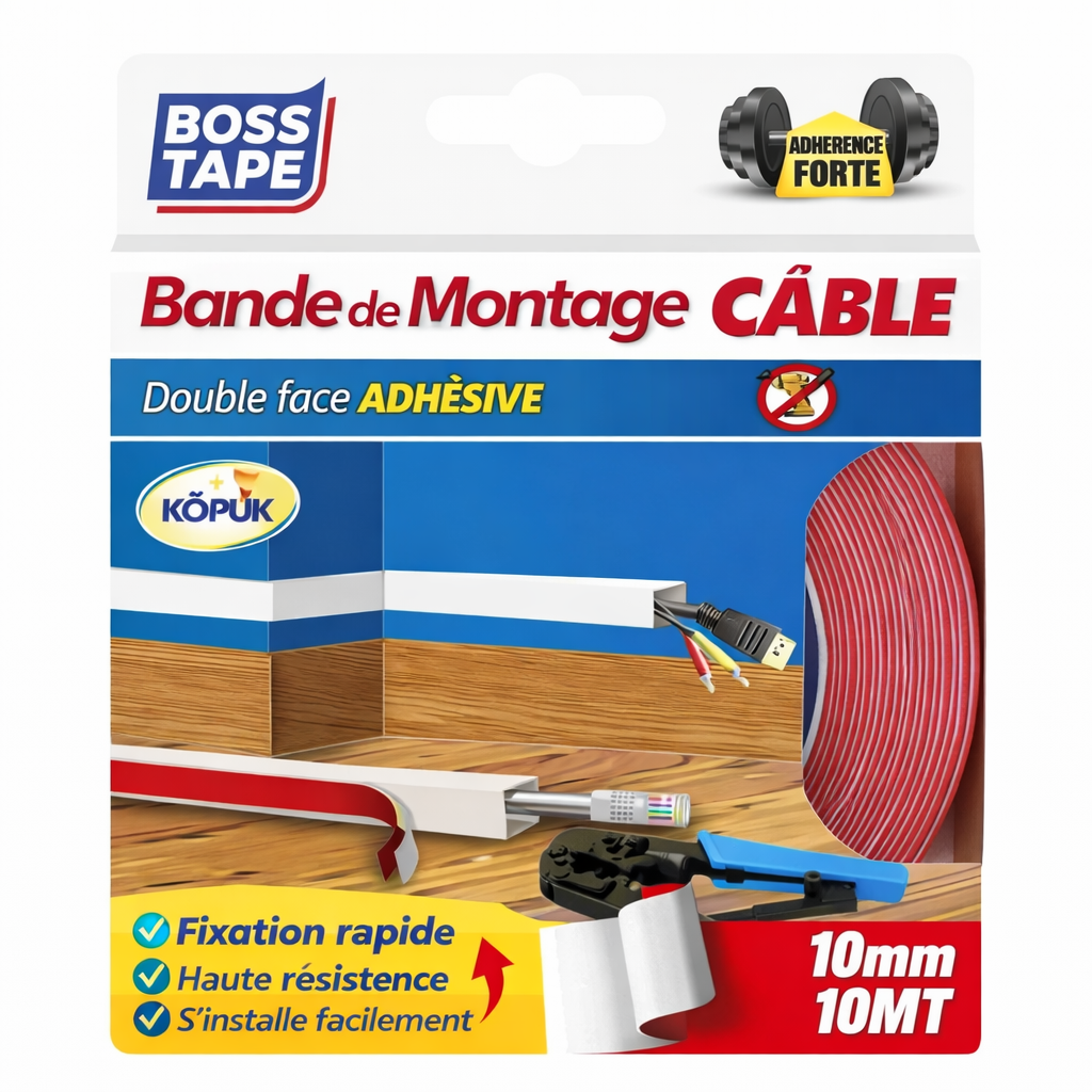 Ruban double face mousse Boss Tape 10mm x 10m – fixation goulottes, moulures et câbles sans perçage
