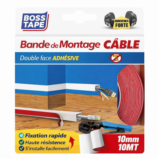 Ruban double face mousse Boss Tape 10mm x 10m – fixation goulottes, moulures et câbles sans perçage
