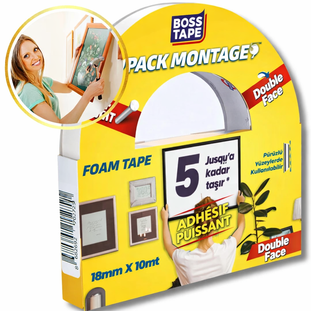 Ruban double face mousse Boss Tape 18mm x 10m – montage mural jusqu'à 5kg, cadres légers et décorations sans perçage
