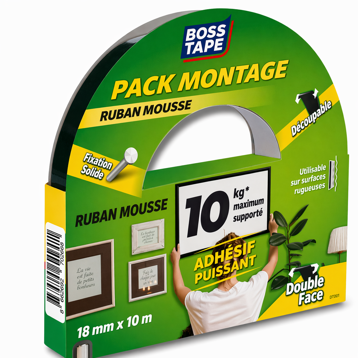 Ruban double face mousse Boss Tape 18mm x 10m – montage mural jusqu'à 10kg, cadres, miroirs 