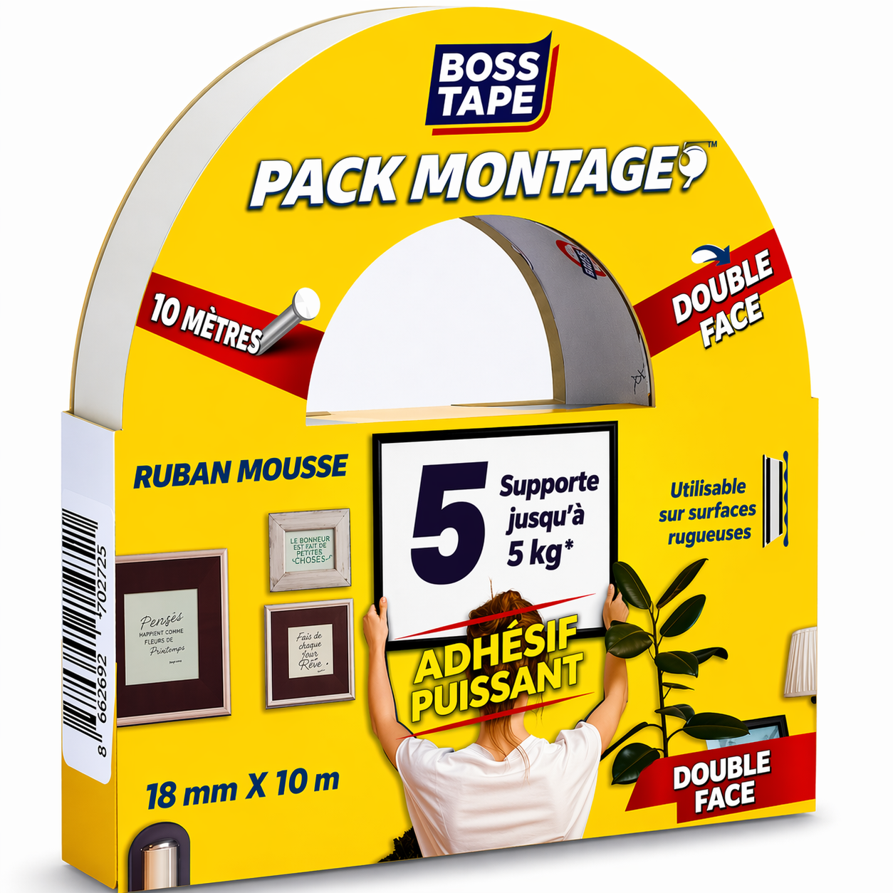Ruban double face BOSS TAPE mousse 18mmx10m. Montage jusqu'à 5kg. Adhésion forte. Livraison Tunisie. Fixez !
