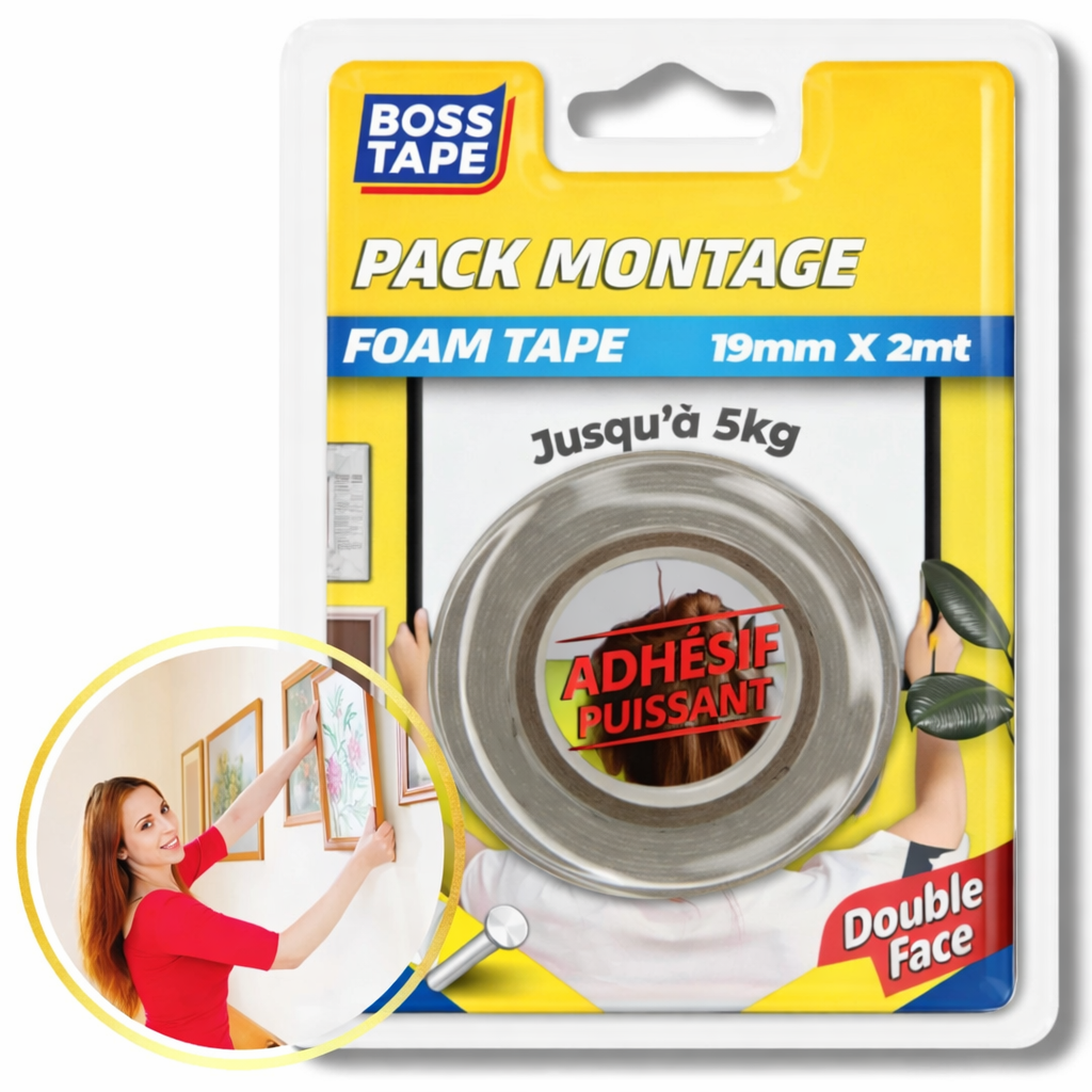 Ruban double face mousse Boss Tape 19mm x 2m – montage mural jusqu'à 5kg, cadres légers et décorations sans perçage
