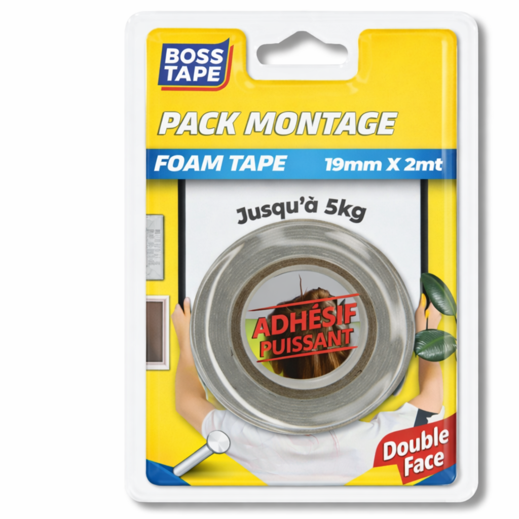 Ruban double face BOSS TAPE mousse 19mmx2m. Montage jusqu'à 5kg. Adhésion forte. Livraison Tunisie. Fixez !